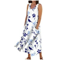 Sandresses za ženske haljine za sunčanje bez rukava Maxi tiskane ljetne haljine V-izrez Loose haljine
