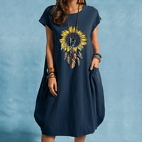 Puawkoer dama vitrina od tiskane haljine s kratkim rukavima za žene Ljetne okrugle haljine s džepom