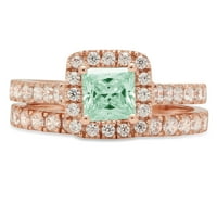 2. CT Sjajno princeze simulirani zeleni dijamant 14k Rose Gold Halo Pasijans sa akcentima Bridal Set