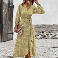 Clearsance Ljetne haljine za žene V-izrez Moda cvjetna srednja dužina A-line haljina s dugim rukavima