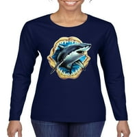 Ocean morski pas velika usta Ženska grafička majica s dugim rukavima, mornarica, velika