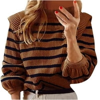 Ženski pulover džemper pletene na vrhu pasulja na dugim rukavima s dugim rukavima Crewneck Striped džemper za ispis Romantični pleteni pulover Klasični pulover Khaki XL