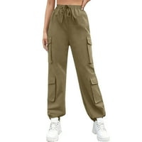Ženske casual hlače visoke struk teretni hlače labave vježbe pantalone s džepovima Khaki veličine m