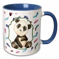 3Droza slatka slika akvarelnog panda medvjeda na pozadini perja dizajna - dva tonska plava krigla,