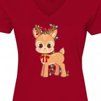 Inktastični slatki božićni jeleni sa božićnim svjetiljkama Ženska majica V-izrez