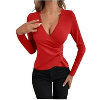 Fjofpr Ženski vrhovi majice s dugim rukavima za žene V izrez Solid Color tipke Seksi elegantni stil