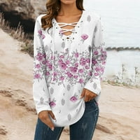 HHEI_K Staklene košulje za dugih rukava za žene ženske bluze, uzorak Ispis V-izrez Fall Majice Duge rukavice Duge rukave Udobne labave majice Bluze