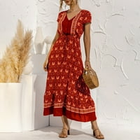 Ljetne haljine za žene kratki rukav čipka laborala midi haljina datuma datuma V-izrez crvena xxl