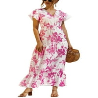 Žene Ležerne haljine kratkih rukava elastična struka Boho Dugme Tired Maxi haljine cvjetni ispisani
