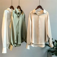 Satenska bluza za žene dugih rukava s dugim rukavima dolje bluza V-izrez za formalni rad bijeli