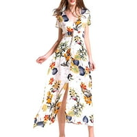 Haljine za žene ženski V-izrez kratki rukav cvjetni a-line haljine Dužina gležnja Maxi Chemise Beige