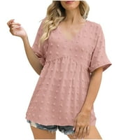 Modni ljetni kratkih rukava V izrez Šifon T košulje Casual Labavi solid Boja Žene Pink XXL
