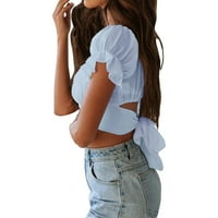 Wendunid majice za žene Ženski rubl kratki rukav zavezati usev gornji dio ramena bluza svijetlo plava