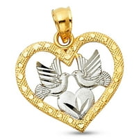Čvrsta srca golubica šarm vjerski originalni 14K dva tona zlatna privjesak Polirani dijamantski rez