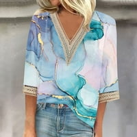 Trendy bluza s rukavima za žene srušeno casual, čipka V izrez draped tunika Marbel Print TEE majica