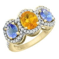 14k žuto zlato prirodni citrinski i tanzanit 3-kameni prsten ovalni dijamant naglasak, veličine 8
