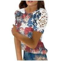 MLQIDK Američka zastava T majice za žene čipke kratkih rukava Okrugli izrez Labavi kasutni bluza Majica