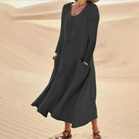 BDFZL haljine za ženske trendove dugih rukava s dugim rukavima pamučna posteljina okrugla džepna haljina