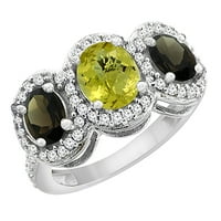 14k bijeli zlatni prirodni limunski kvarc i dimljeni topaz 3-kameni prsten ovalni dijamant akcent, veličina