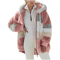 Ženska zimska jaknu od runa s kapuljačom blok blok patchwork kaputi dugi rukav topli kardigan plus veličine gornje rublje s džepovima