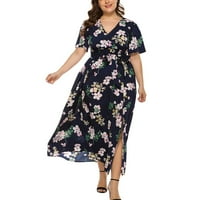 Ženske haljine V-izrez casual cvjetni maxi a-line kratki rukav Summer haljina tamno plava xl