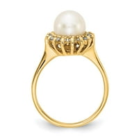 14K žuti zlatni prsten za prsten biserni dijamant okrugli slatkovodna bijela, veličina 9