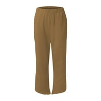 Ženske tanke labave ležerne hlače od pune boje rufflled pamučne posteljine džepom teleća-dužine hlače Ljeto smeđe xxxl
