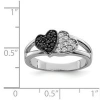 Sterling Silver Rhodium Clear & Black CZ prsten za srce - Veličina 6
