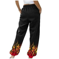 Ženske dukseve sa džepom Slim Fit Flame uzorak Ispiši crnka elastične struke ravne pantalone Jesen i
