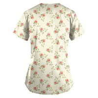 Ženske majice Personalizirani slatki tisak kratkih rukava V-izrez Top radne uniforme Džepne vrhove Beige