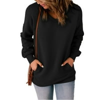 Cuoff bluze za žene casual v vrat duks labavi mekani pulover s dugim rukavima sa čvrstim majicama sa bočnim džepovima žene bijele 3x
