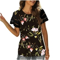Ženske košulje Ženske modne majice Cvjetni ispis Čipka kratkih rukava Okrugli vrhovi za okrugli vrat