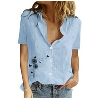 GUZOM T majice za žensko-tiskano pamučno posteljina bluza s kratkim rukavima Comfy majice plave s