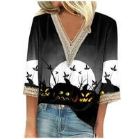 Vrhovi za žene rukav V izrez Halloween Print majice Labove čipke obloge pulover casual bluza crna xl