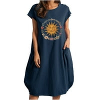 Modne žene Casual O-izrez Sunce i mjesec Print Plus Veličina Pocke haljina Trendi ugrađena plus Veličina