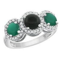 14k bijelo zlato prirodna crna boja i smaragdne strane okrugla 3-kameni prsten dijamantski akcenti, veličine 9