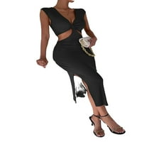 Ženska karosenska haljina Plain Split bedrini dubok V izrez crni s