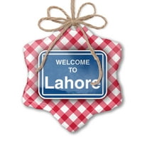Božićni ornament znak Dobrodošli u Lahore Red Plaid Neonblond