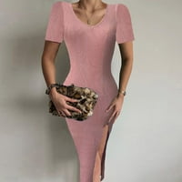Efsteb badecon haljine za žene Slim V-izrez Party haljina casual haljina s kratkim rukavima Trendi tiskani pletenje splitske haljine ružičaste L