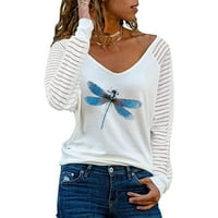 Symoidni ženski bluza - modna žena V-izrez dugih rukava majica jesenje tiskanje labavo bluza bijela