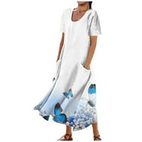 Ženske haljine kratki rukav A-line maxi casual cvjetna slica vrat ljetna haljina plava 3xl