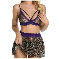 Žene donje rublje setovi Leopard set Sexy BabyDoll Bralette Mini suknja sa G-string setovi Purple XXL