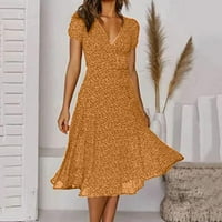 Ženske haljine Dužina gležnja A-line kratkih rukava modna ljetna haljina od tiskane V-izrezom Žuta 2xl