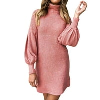 Ženski džemper haljina Turtleneck Puff rukava pletena puna boja midi džemper haljina za žene