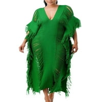 Haite Dame duge haljine kratki rukav maxi haljine od pune boje ljeto plaže za plažu žene - izrez zelene