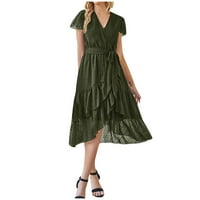 Haljine za žene V-izrez Labavi solid srednje dužine A-line kratkih rukava vojska zelena s