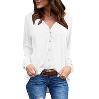 Scyoekwg Ženske tunike Vrhovi padajuće lagane majice s dugim rukavima V-izrez Elegantna labava fit bluza casual bluze na vrhu Clearance White XXXXXL