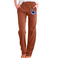 Oieyuz ženske pamučne posteljine hlače male ispisane hlače sa džepom ravne hlače