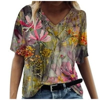 Bazyrey Womens Ljetni vrhovi cvjetna tiskana bluza Henley casual kratki rukav Vintage T-majice Brown