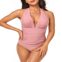 Prednji protok Žene Duboko V izrez Jedno kupaće kostim Tummy Control Ruched kupaći kostim svjetlo Pink
